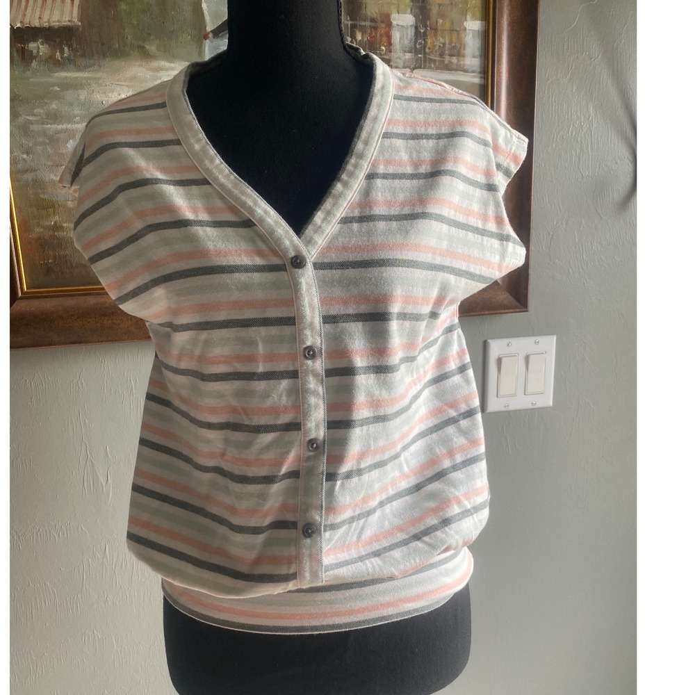 LOFT Outlet Womens Striped V-Neck Button Front Cap Sleeve Top Pink Grey SP